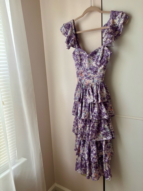 Dress the Population Kristen Midi Dress Lavender Multi XS NWT Fit Flare Tiered